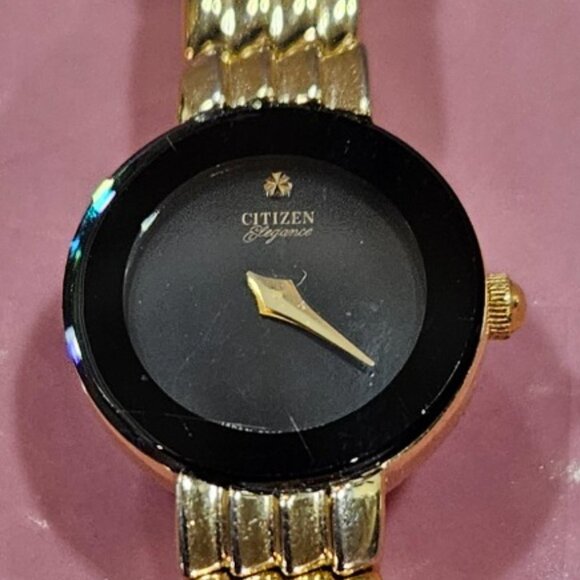 Citizen Gold Watch Bracelet with Black Glass Dial and Gold Hands, non-working BO